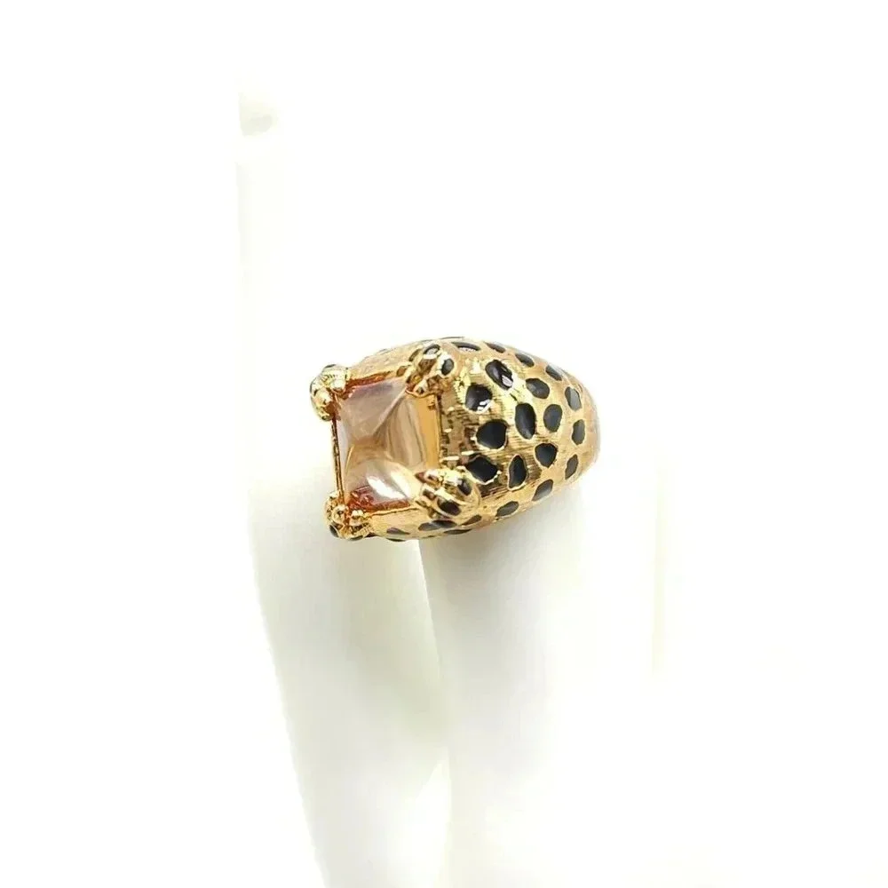 UNCAS Gold Vermeil Over Silver Black Enamel Spotted Leopard Peach Cab Ring Sze 7
